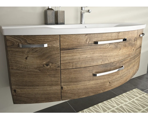 Badezimmer Waschtischunterschrank mit Holzstruktur und weißen Aufsatzwaschbecken.