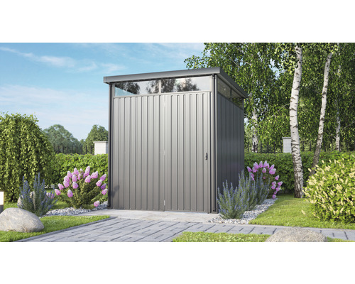 Metall Gerätehaus mit Tür und Fenster im Garten