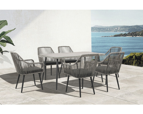 Gartensitzgruppe mit Tisch und sechs Stühlen mit Armlehnen und Kordelbespannung