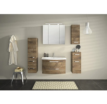Modernes Badezimmer-Set mit Waschtisch, Spiegelschrank und Hochschränken in Holzoptik
