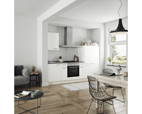 Heller Wohnraum mit Einbauküche, Esstisch und Sitzgelegenheit