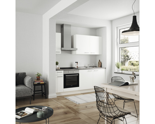 Wohnzimmer mit Küchenzeile, Esstisch und Stühlen