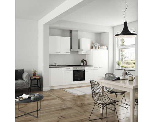 Heller Wohnraum mit Einbauküche, Esstisch und Sitzgelegenheit