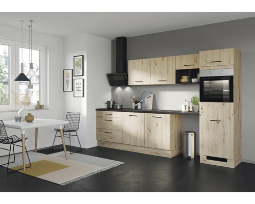 PICCANTE Küchenzeile mit Geräten PESCE 320 cm Frontfarbe eiche hell matt Korpusfarbe eiche hell montiert Variante rechts