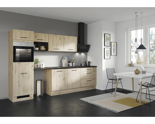 IMPULS Küchenzeile mit Geräten PESCE 320 cm Frontfarbe eiche hell matt Korpusfarbe eiche hell montiert Variante links