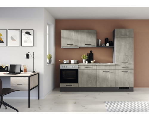 IMPULS Küchenzeile mit Geräten PESCE 240 cm Frontfarbe beton matt Korpusfarbe graphit montiert Variante rechts