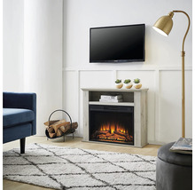 Wohnzimmer mit Elektrokamin, Fernseher, Stehlampe und Dekoration