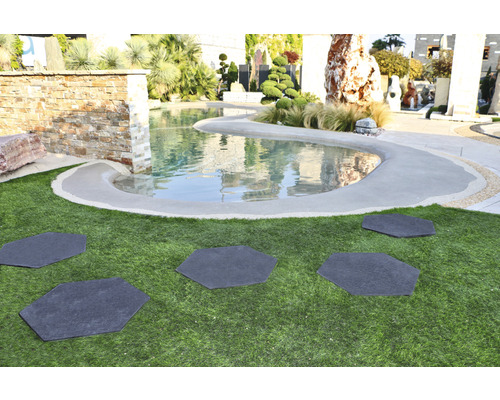 Gartenszene mit Wasserbecken und hexagonalen Trittplatten auf Rasen
