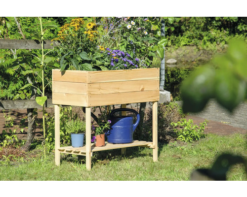 Holz Pflanztisch mit Pflanzen und Gießkanne im Garten