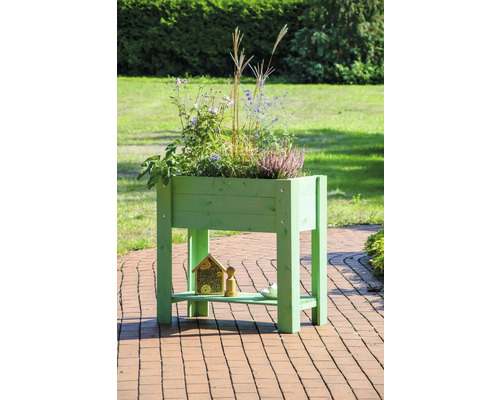 Hochbeet aus Holz mit Pflanzen und Insektenhotel im Garten