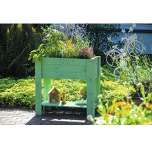 Hochbeet aus Holz mit Pflanzen im Garten