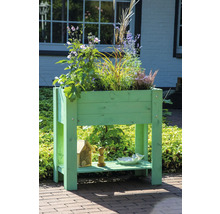 Hochbeet aus Holz mit Pflanzen und Ablagefläche für Gartenzubehör