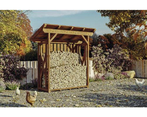 Kaminholzunterstand SKAN HOLZ Lars 1 190 x 70 x 234 cm nussbaum Holzlager aus Holz gefüllt mit Brennholz im Garten.