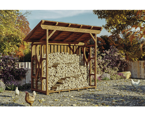 Kaminholzunterstand SKAN HOLZ Lars 2 240 x 100 x 247 cm nussbaum Holzlager aus Holz gefüllt mit Brennholz im Garten