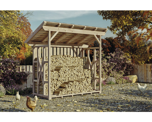 Kaminholzunterstand SKAN HOLZ Lars 2 240 x 100 x 247 cm natur Holzlager aus Holz mit Holzscheiten im Garten