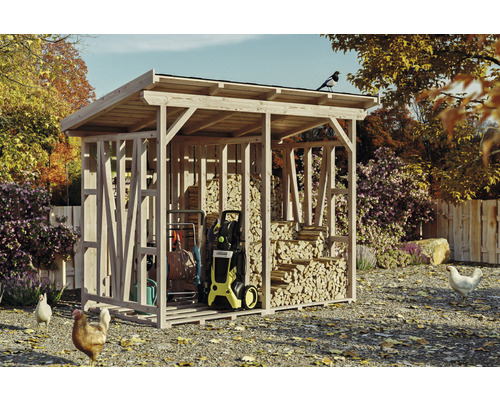 Kaminholzunterstand SKAN HOLZ Max 1 260 x 140 x 229 cm natur Holzlager mit Holz, Gartengeräten und Hochdruckreiniger im Garten