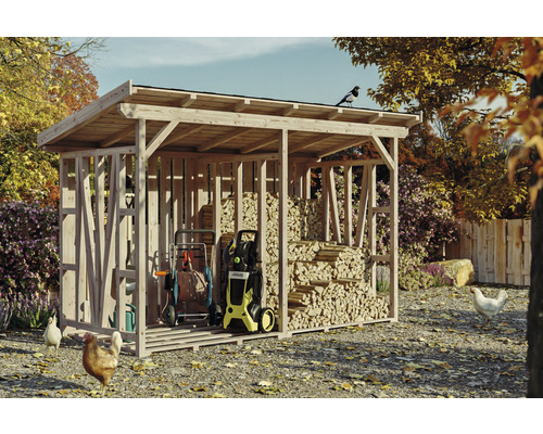 Kaminholzunterstand SKAN HOLZ Max 2 330 x 140 x 229 cm natur Holzlager aus Holz mit Gartengeräten und gestapeltem Holz im Garten