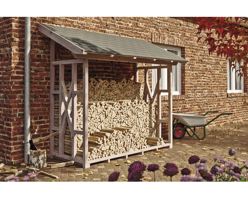 Kaminholzunterstand SKAN HOLZ Paul 2 240 x 100 x 243 cm natur Holzlager mit Holz vor einer Backsteinmauer