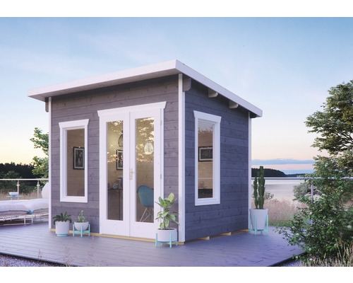 Gartenhaus SKAN HOLZ Solna inkl. Fußboden 330 x 265 cm schiefer Gartenhaus mit Fenstern und Doppeltür auf einer Terrasse