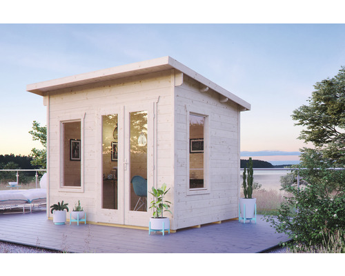 Gartenhaus SKAN HOLZ Solna inkl. Fußboden 330 x 265 cm natur Holzgartenhaus mit Fenstern und Glastüren auf einer Terrasse