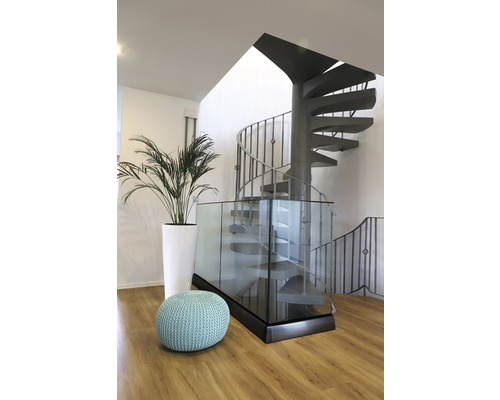 Raumszene mit Wendeltreppe, Zimmerpflanze in hohem Topf und Pouf auf Holzboden