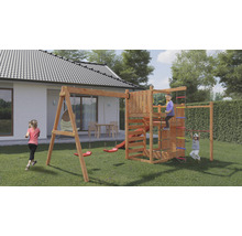 Holzspielplatz mit Schaukel, Rutsche und Klettergerüst im Garten