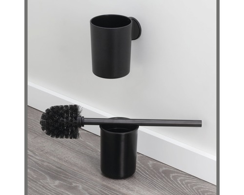 Schwarze Toilettenbürste mit Halterung und schwarzer Wandbecher