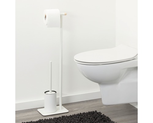 Badezimmer Szene mit Toilettenbürstengarnitur und Toilettenpapierhalter neben einer Toilette