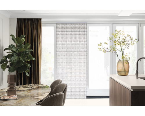 Heller Raum mit Schiebevorhang, Esstisch, Stühlen und Zimmerpflanzen