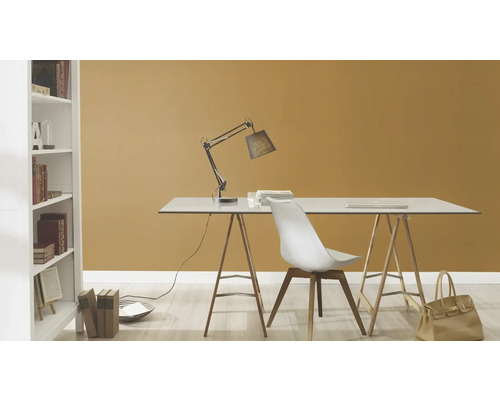 Arbeitszimmer mit Schreibtisch, Schreibtischlampe, Stuhl und Bücherregal