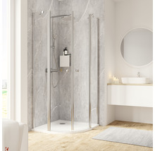 Badezimmer mit Eckeinstiegsdusche, Waschbecken und Spiegel