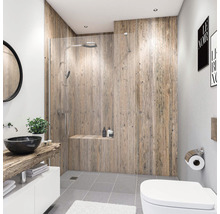 Badezimmer mit Dusche, Toilette, Waschbecken und Spiegel