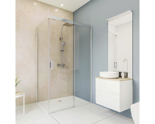 Modernes Badezimmer mit Duschkabine, Waschtisch und Spiegel