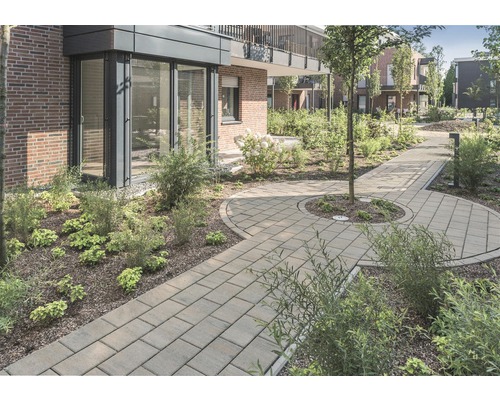 Gartenweg mit Pflastersteinen zwischen begrünten Flächen