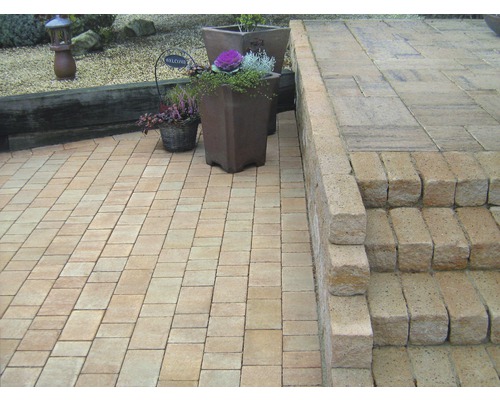 Terrasse mit Pflastersteinen und Treppe aus Stein