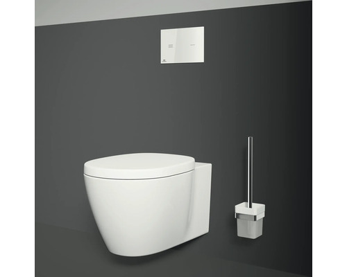 Wandhängendes WC mit Betätigungsplatte und Toilettenbürste