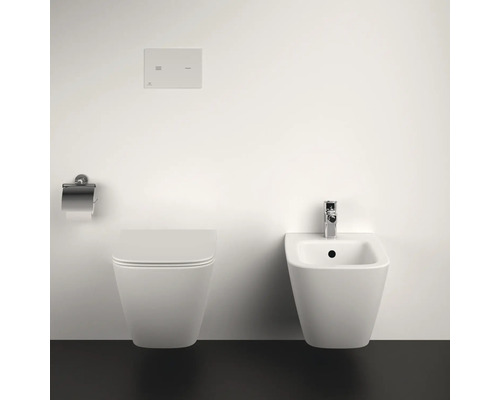 Wand-Tiefspülklosett und Bidet mit Betätigungsplatte und Toilettenpapierhalter in einem Badezimmer