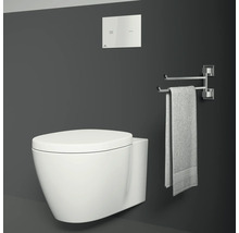 Wandhängendes WC mit Betätigungsplatte und Handtuchhalter im Badezimmer.