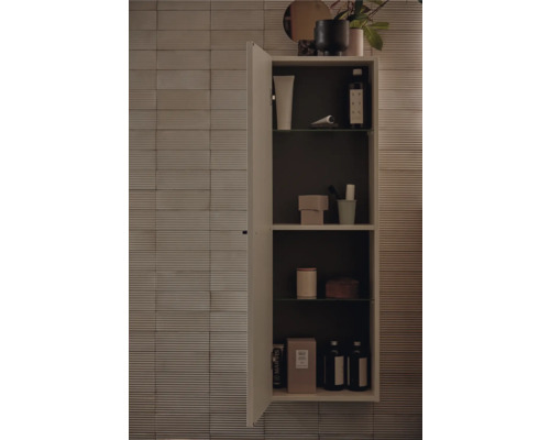 Offener Badezimmerschrank mit verschiedenen Badartikeln