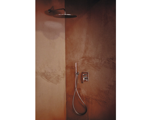 Dusche mit Kopfbrause, Handbrause und Armatur im Badezimmer