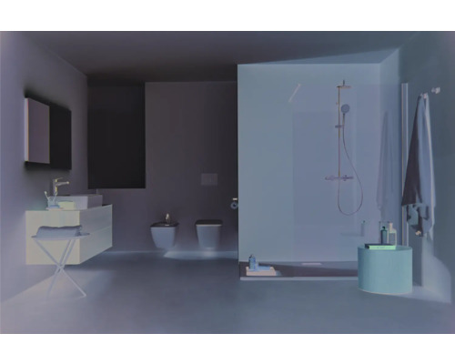 Badezimmer mit Waschtisch, Toilette, Bidet und Dusche.