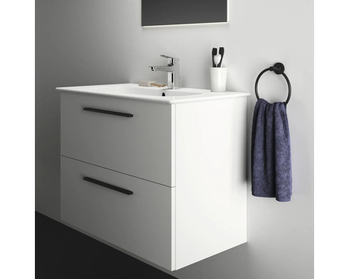 Badezimmer Waschbeckenunterschrank mit zwei Schubladen, Armatur, Handtuchring und Handtuch