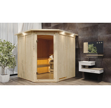 Elementsauna Karibu Piemon inkl. 9 kW Ofen u.integr.Steuerung mit Dachkranz und bronzierter Ganzglastüre