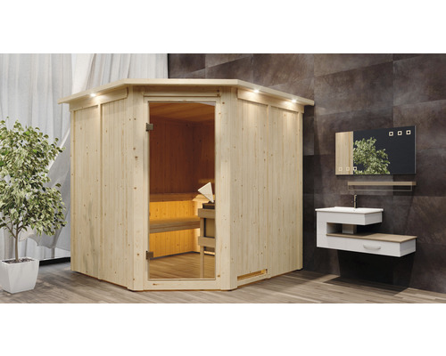 Elementsauna Karibu Piemon inkl. 9 kW Ofen u.integr.Steuerung mit Dachkranz und bronzierter Ganzglastüre Elementsauna Karibu Piemon inkl. 9 kW Ofen u.integr.Steuerung mit Dachkranz und bronzierter Ganzglastüre