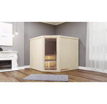Elementsauna Karibu Malina inkl. 9 kW Ofen u.integr.Steuerung ohne Dachkranz mit Ganzglastüre aus Klarglas