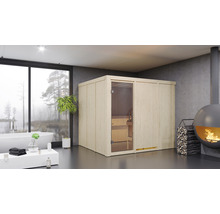 Helles Badezimmer mit Sauna aus Holz, freistehender Badewanne und Kaminofen