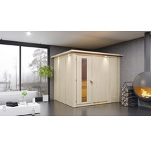 Elementsauna Karibu Gobina inkl. 9 kW Ofen u.intger.Steuerung mit Dachkranz und Holztüre mit Isolierglas wärmegedämmt