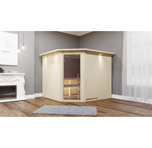Elementsauna Karibu Malina inkl. 9 kW Bio Ofen u.ext.Steuerung mit Dachkranz und Ganzglastüre aus Klarglas