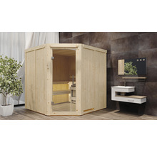 Elementsauna Karibu Jarina inkl. 9 kW Ofen u.integr.Steuerung ohne Dachkranz mit Ganzglastüre aus Klarglas