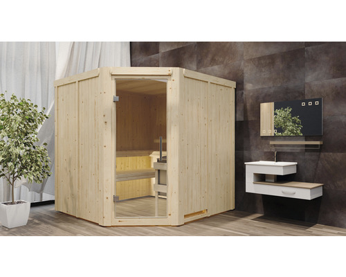 Ecksauna aus Holz mit Glastür in einem Badezimmer